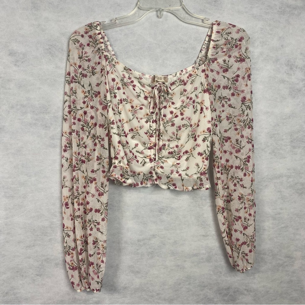 Altar'd State Cream Floral Long-Sleeve Lace-Up Blouse